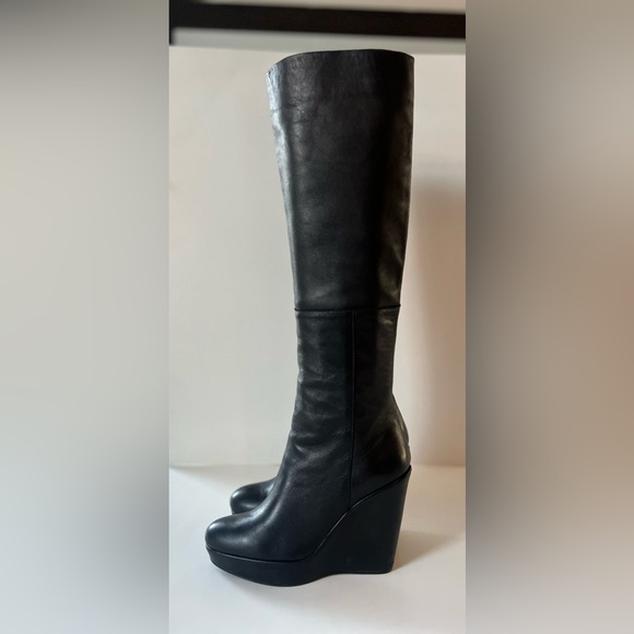 Stuart Weitzman Black Leather Wedge Knee-High Boots (9) - Picture 6 of 16